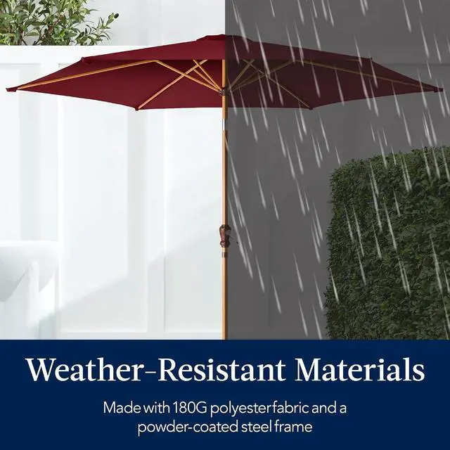 Alt view image 5 of 7 - 10ft Market Umbrella, Outdoor Sun Shade for Backyard, Deck, Poolside, Table w/Woodgrain Pattern, Easy Tilt & Crank - Burgundy