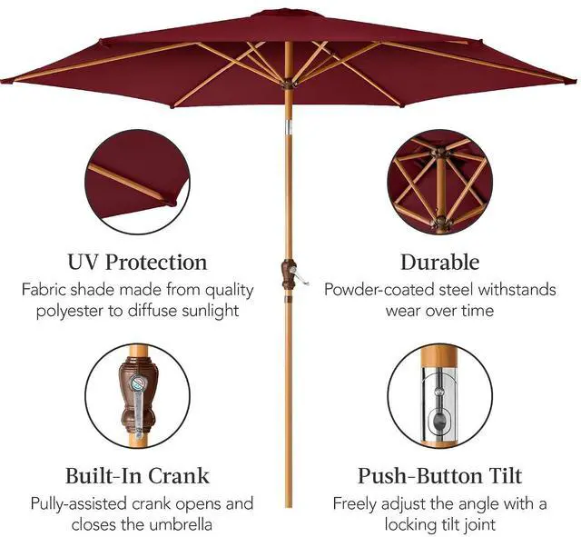 Alt view image 6 of 7 - 10ft Market Umbrella, Outdoor Sun Shade for Backyard, Deck, Poolside, Table w/Woodgrain Pattern, Easy Tilt & Crank - Burgundy