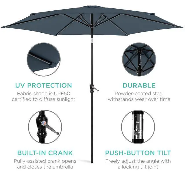 Alt view image 5 of 7 - 10ft Outdoor Patio Umbrella, Outdoor Table Umbrella, Yard Umbrella, Market Umbrella with 6 Sturdy Ribs, Push Button, Tilt and Crank - Slate Blue