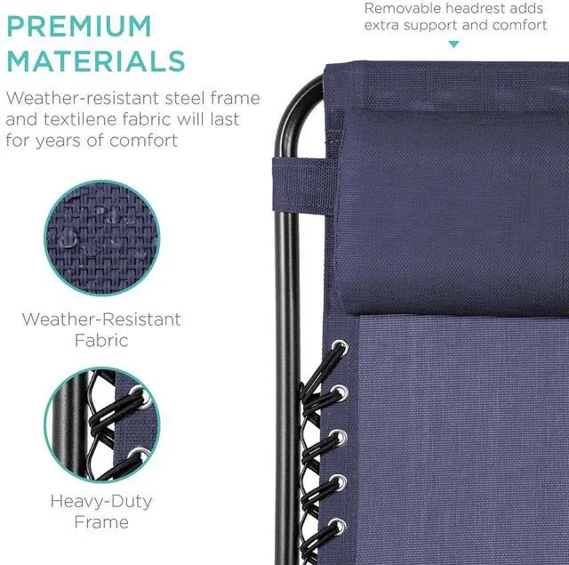 Alt view image 7 of 7 - Set of 2 Adjustable Steel Mesh Zero Gravity Lounge Chair Recliners w/Pillows and Cup Holder Trays - Navy Blue