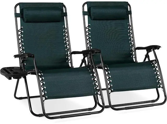 Main image of Set of 2 Extra Wide Adjustable Steel Mesh Zero Gravity Lounge Chair Recliners w/Pillows and Cup Holder Trays - Forest Green