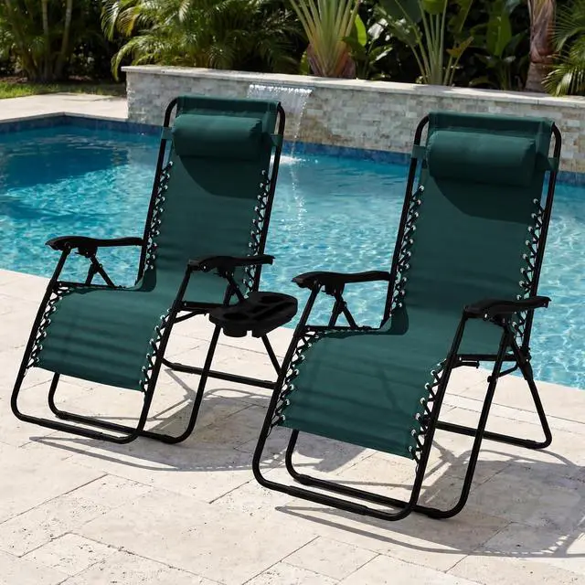 Alt view image 2 of 7 - Set of 2 Extra Wide Adjustable Steel Mesh Zero Gravity Lounge Chair Recliners w/Pillows and Cup Holder Trays - Forest Green