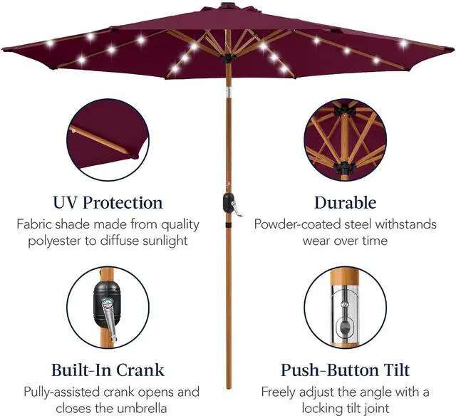 Alt view image 6 of 7 - 10ft Solar Market Patio Umbrella w/Woodgrain Pattern Pole, LED Lights, Tilt & Crank - Outdoor Sun Shade for Backyard Table, Deck, Poolside - Burgundy