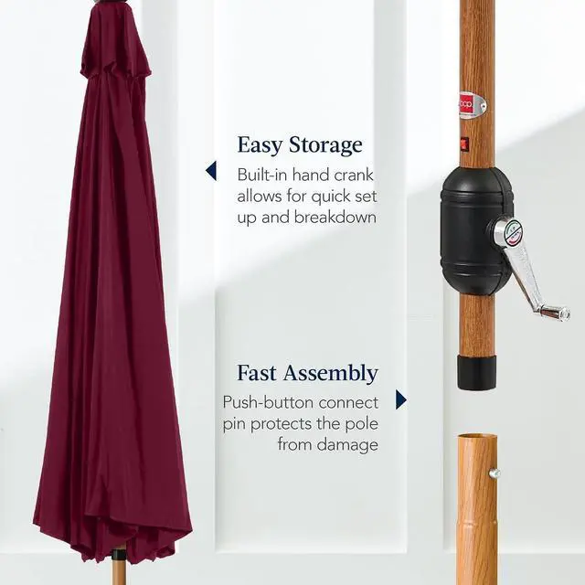 Alt view image 7 of 7 - 10ft Solar Market Patio Umbrella w/Woodgrain Pattern Pole, LED Lights, Tilt & Crank - Outdoor Sun Shade for Backyard Table, Deck, Poolside - Burgundy