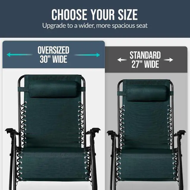 Alt view image 4 of 7 - Set of 2 Extra Wide Adjustable Steel Mesh Zero Gravity Lounge Chair Recliners w/Pillows and Cup Holder Trays - Forest Green