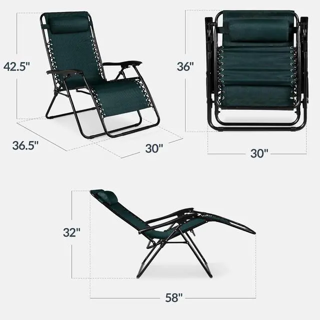 Alt view image 3 of 7 - Set of 2 Extra Wide Adjustable Steel Mesh Zero Gravity Lounge Chair Recliners w/Pillows and Cup Holder Trays - Forest Green