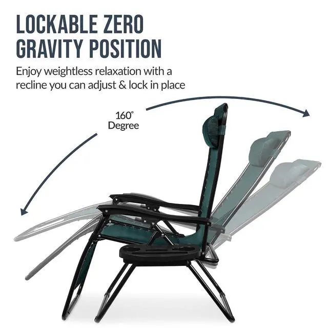 Alt view image 5 of 7 - Set of 2 Extra Wide Adjustable Steel Mesh Zero Gravity Lounge Chair Recliners w/Pillows and Cup Holder Trays - Forest Green