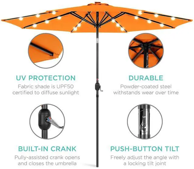 Alt view image 5 of 7 - 10ft Solar Polyester LED Lighted Patio Umbrella w/Tilt Adjustment and UV-Resistant Fabric - Orange