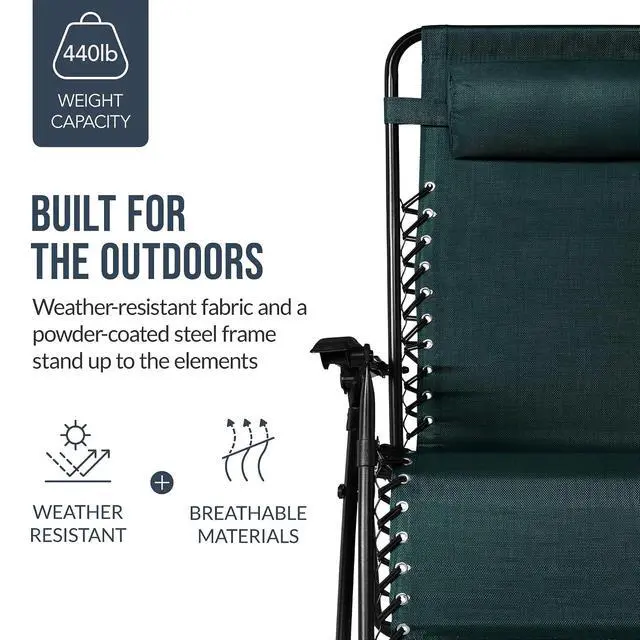 Alt view image 6 of 7 - Set of 2 Extra Wide Adjustable Steel Mesh Zero Gravity Lounge Chair Recliners w/Pillows and Cup Holder Trays - Forest Green