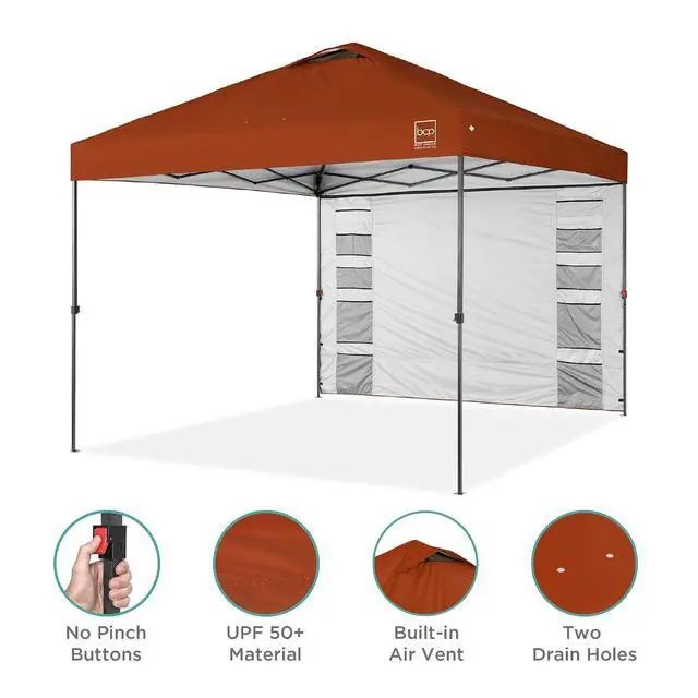 Alt view image 4 of 7 - 10x10ft Pop Up Canopy Tent with Sidewall, 1 Person 1 Minute Set Up, Carry Case, 4 Weight Bags - Rust