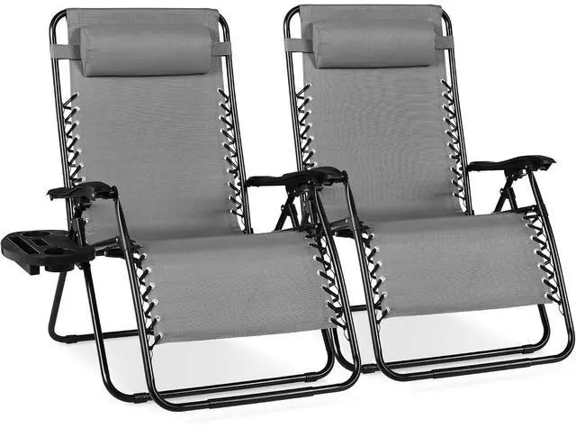 Main image of Set of 2 Extra Wide Adjustable Steel Mesh Zero Gravity Lounge Chair Recliners w/Pillows and Cup Holder Trays - Ice Gray