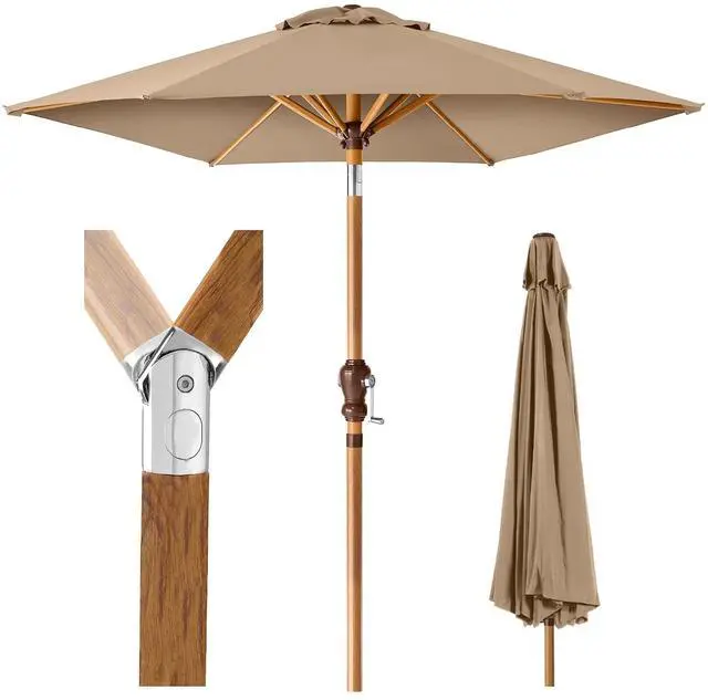 Main image of 10ft Market Umbrella, Outdoor Sun Shade for Backyard, Deck, Poolside, Table w/Woodgrain Pattern, Easy Tilt & Crank - Tan