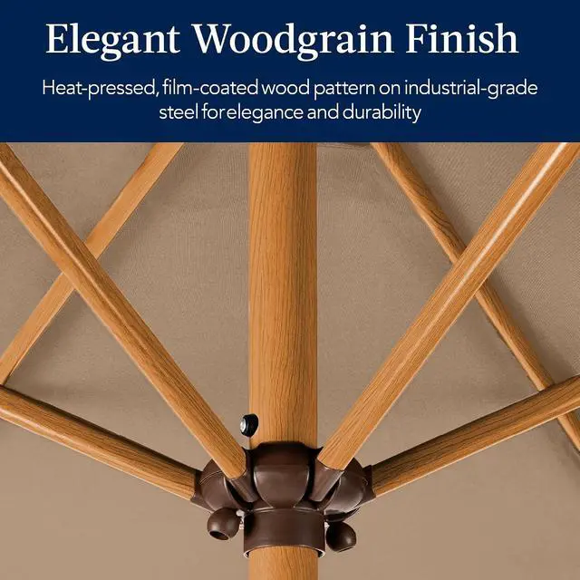 Alt view image 3 of 7 - 10ft Market Umbrella, Outdoor Sun Shade for Backyard, Deck, Poolside, Table w/Woodgrain Pattern, Easy Tilt & Crank - Tan