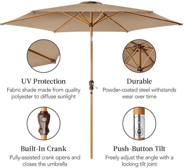Alt view image 6 of 7 - 10ft Market Umbrella, Outdoor Sun Shade for Backyard, Deck, Poolside, Table w/Woodgrain Pattern, Easy Tilt & Crank - Tan