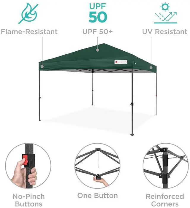 Alt view image 4 of 7 - 10x10ft Pop Up Canopy Tent, Outdoor Shade, 1 Person 1 Minute Set Up, Carry Case, 4 Weight Bags - Dark Green
