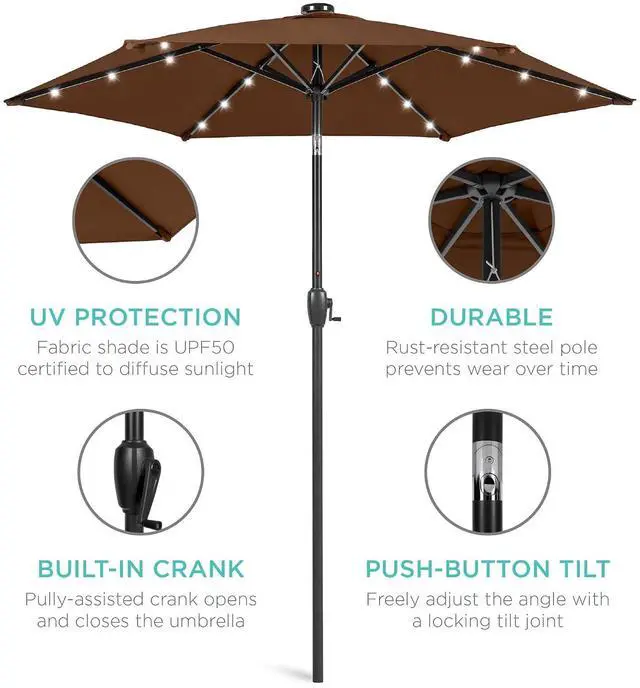 Alt view image 5 of 7 - 7.5ft Solar Umbrella LED Lighted Patio Umbrella, Table Market Umbrella with Tilt and Crank, Outdoor Umbrella for Garden, Deck, Backyard, Pool and Beach - Brown