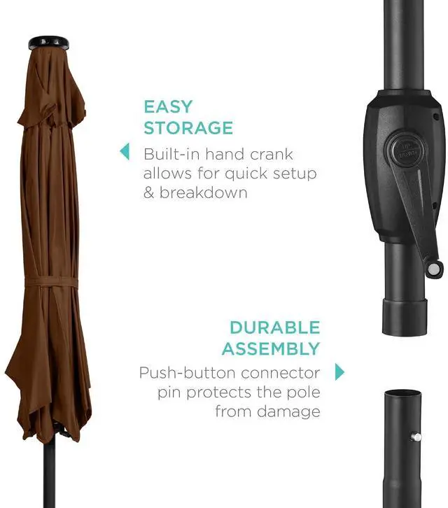 Alt view image 6 of 7 - 7.5ft Solar Umbrella LED Lighted Patio Umbrella, Table Market Umbrella with Tilt and Crank, Outdoor Umbrella for Garden, Deck, Backyard, Pool and Beach - Brown