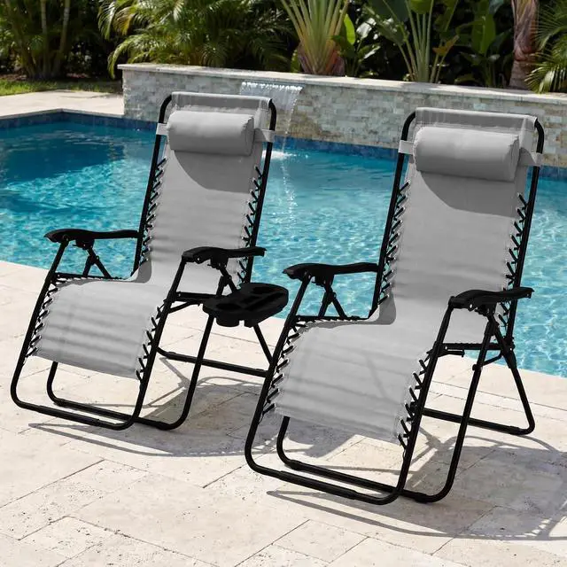 Alt view image 2 of 7 - Set of 2 Extra Wide Adjustable Steel Mesh Zero Gravity Lounge Chair Recliners w/Pillows and Cup Holder Trays - Ice Gray