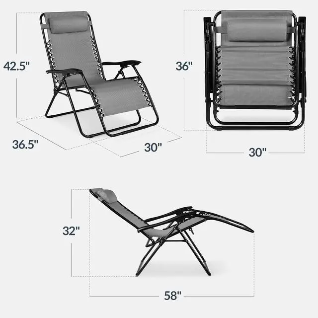 Alt view image 3 of 7 - Set of 2 Extra Wide Adjustable Steel Mesh Zero Gravity Lounge Chair Recliners w/Pillows and Cup Holder Trays - Ice Gray