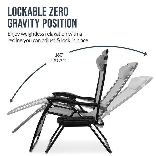 Alt view image 5 of 7 - Set of 2 Extra Wide Adjustable Steel Mesh Zero Gravity Lounge Chair Recliners w/Pillows and Cup Holder Trays - Ice Gray