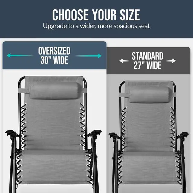 Alt view image 4 of 7 - Set of 2 Extra Wide Adjustable Steel Mesh Zero Gravity Lounge Chair Recliners w/Pillows and Cup Holder Trays - Ice Gray