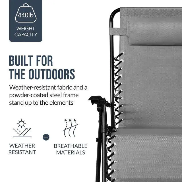 Alt view image 6 of 7 - Set of 2 Extra Wide Adjustable Steel Mesh Zero Gravity Lounge Chair Recliners w/Pillows and Cup Holder Trays - Ice Gray