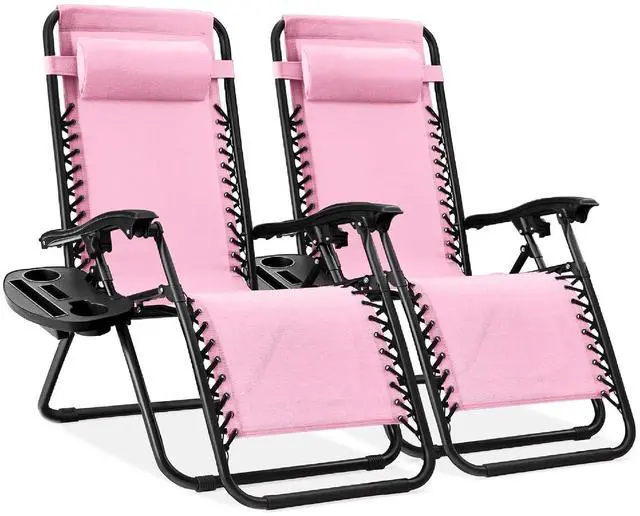 Main image of Set of 2 Adjustable Steel Mesh Zero Gravity Lounge Chair Recliners w/Pillows and Cup Holder Trays - Bubblegum Pink/Black