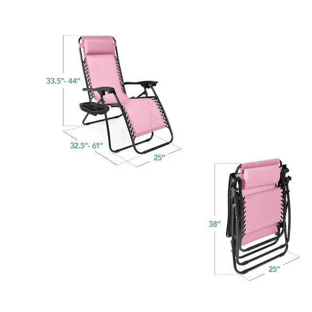 Alt view image 3 of 7 - Set of 2 Adjustable Steel Mesh Zero Gravity Lounge Chair Recliners w/Pillows and Cup Holder Trays - Bubblegum Pink/Black