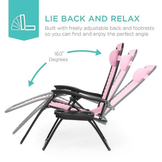 Alt view image 4 of 7 - Set of 2 Adjustable Steel Mesh Zero Gravity Lounge Chair Recliners w/Pillows and Cup Holder Trays - Bubblegum Pink/Black