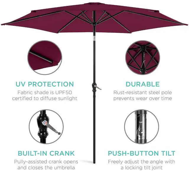 Alt view image 5 of 7 - 10ft Outdoor Patio Umbrella, Outdoor Table Umbrella, Yard Umbrella, Market Umbrella with 6 Sturdy Ribs, Push Button, Tilt and Crank - Burgundy