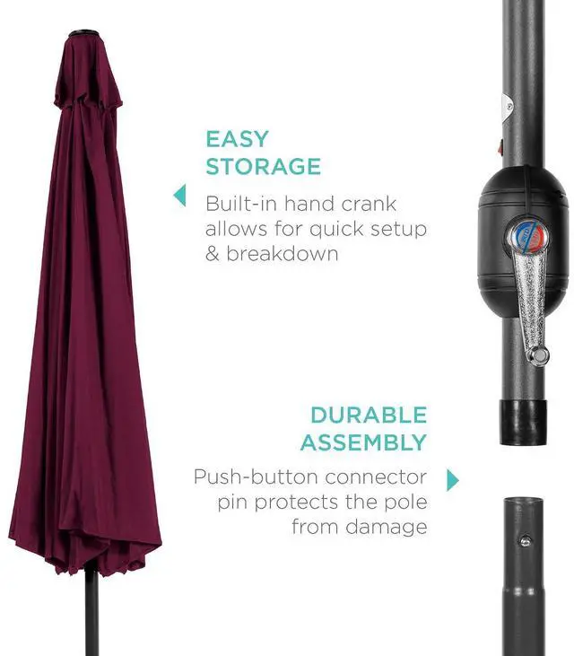 Alt view image 6 of 7 - 10ft Outdoor Patio Umbrella, Outdoor Table Umbrella, Yard Umbrella, Market Umbrella with 6 Sturdy Ribs, Push Button, Tilt and Crank - Burgundy