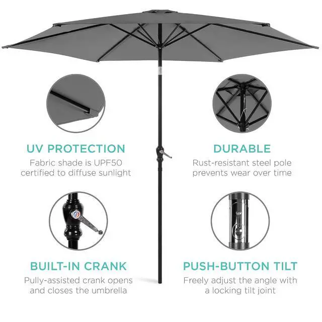 Alt view image 5 of 7 - 10ft Outdoor Patio Umbrella, Outdoor Table Umbrella, Yard Umbrella, Market Umbrella with 6 Sturdy Ribs, Push Button, Tilt and Crank - Gray