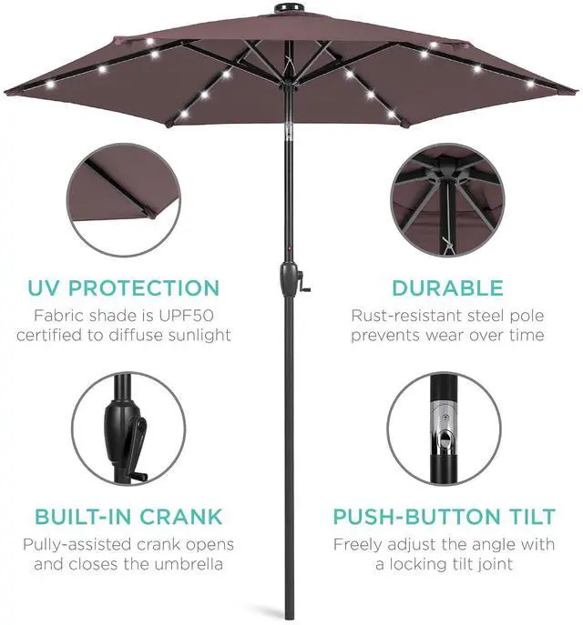 Alt view image 5 of 7 - 7.5ft Solar Umbrella LED Lighted Patio Umbrella, Table Market Umbrella with Tilt and Crank, Outdoor Umbrella for Garden, Deck, Backyard, Pool and Beach - Deep Taupe