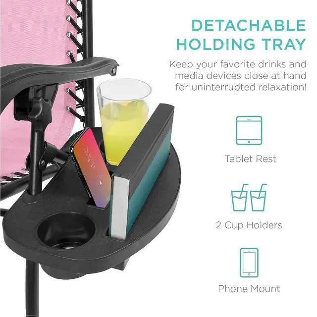 Alt view image 6 of 7 - Set of 2 Adjustable Steel Mesh Zero Gravity Lounge Chair Recliners w/Pillows and Cup Holder Trays - Bubblegum Pink/Black