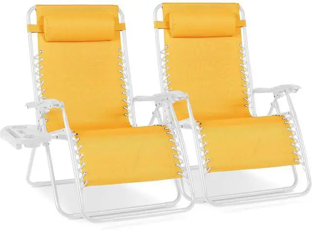 Main image of Set of 2 Extra Wide Adjustable Steel Mesh Zero Gravity Lounge Chair Recliners w/Pillows and Cup Holder Trays - Marigold/White