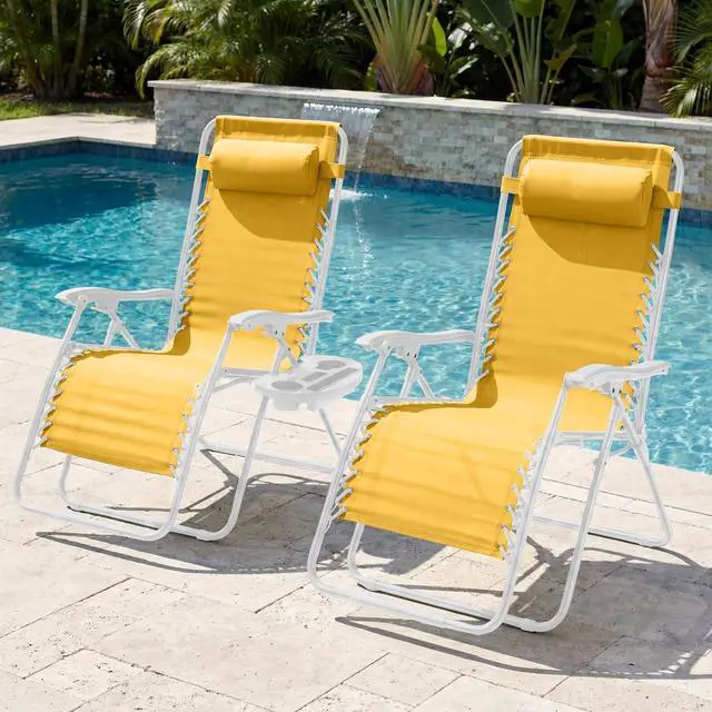 Alt view image 2 of 7 - Set of 2 Extra Wide Adjustable Steel Mesh Zero Gravity Lounge Chair Recliners w/Pillows and Cup Holder Trays - Marigold/White