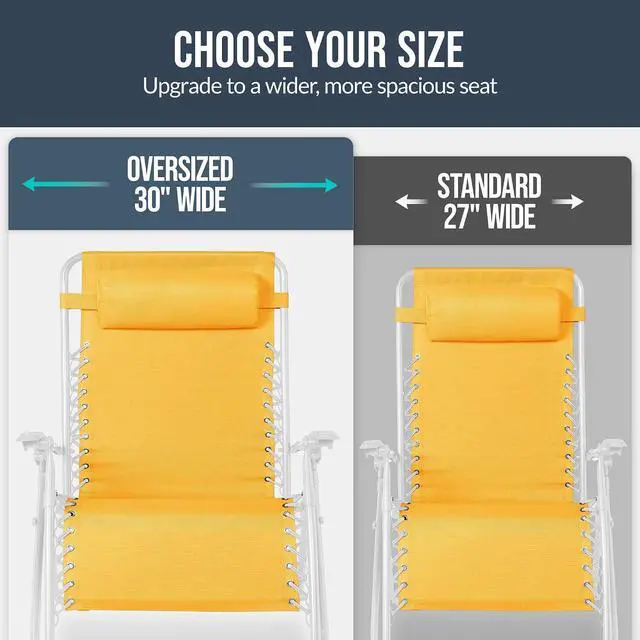 Alt view image 4 of 7 - Set of 2 Extra Wide Adjustable Steel Mesh Zero Gravity Lounge Chair Recliners w/Pillows and Cup Holder Trays - Marigold/White