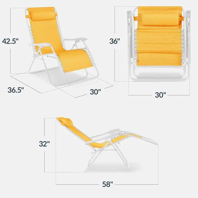 Alt view image 3 of 7 - Set of 2 Extra Wide Adjustable Steel Mesh Zero Gravity Lounge Chair Recliners w/Pillows and Cup Holder Trays - Marigold/White
