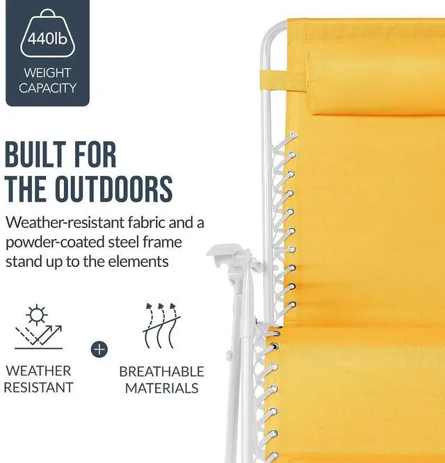 Alt view image 6 of 7 - Set of 2 Extra Wide Adjustable Steel Mesh Zero Gravity Lounge Chair Recliners w/Pillows and Cup Holder Trays - Marigold/White