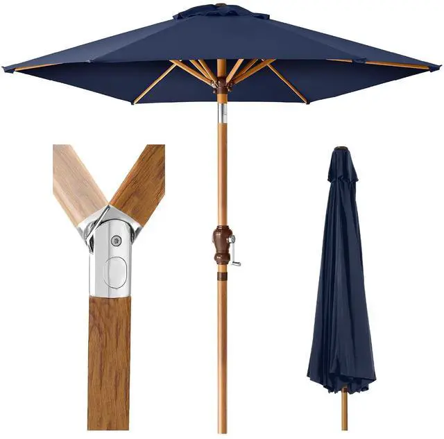 Main image of 10ft Market Umbrella, Outdoor Sun Shade for Backyard, Deck, Poolside, Table w/Woodgrain Pattern, Easy Tilt & Crank - Navy Blue