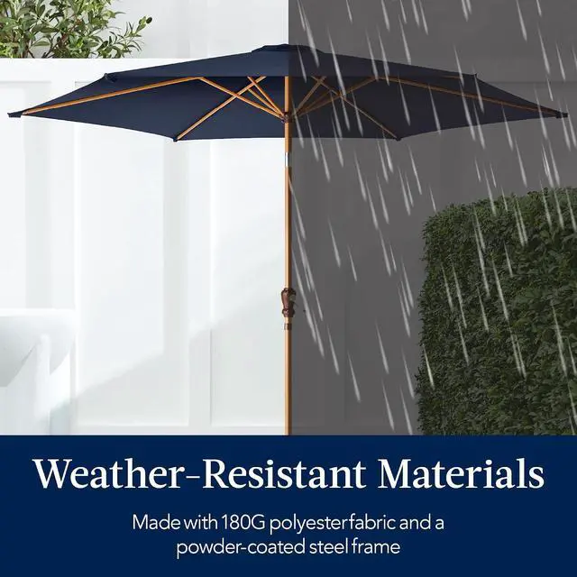 Alt view image 5 of 7 - 10ft Market Umbrella, Outdoor Sun Shade for Backyard, Deck, Poolside, Table w/Woodgrain Pattern, Easy Tilt & Crank - Navy Blue
