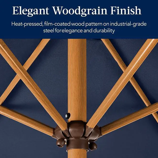 Alt view image 3 of 7 - 10ft Market Umbrella, Outdoor Sun Shade for Backyard, Deck, Poolside, Table w/Woodgrain Pattern, Easy Tilt & Crank - Navy Blue