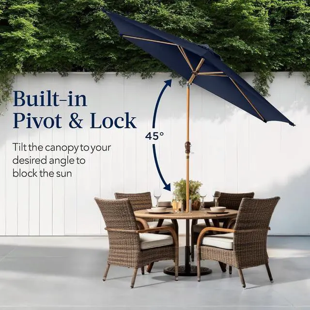 Alt view image 4 of 7 - 10ft Market Umbrella, Outdoor Sun Shade for Backyard, Deck, Poolside, Table w/Woodgrain Pattern, Easy Tilt & Crank - Navy Blue