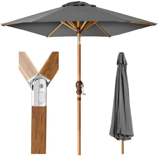 Main image of 10ft Market Umbrella, Outdoor Sun Shade for Backyard, Deck, Poolside, Table w/Woodgrain Pattern, Easy Tilt & Crank - Gray