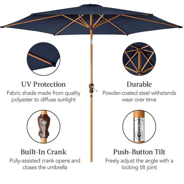 Alt view image 6 of 7 - 10ft Market Umbrella, Outdoor Sun Shade for Backyard, Deck, Poolside, Table w/Woodgrain Pattern, Easy Tilt & Crank - Navy Blue