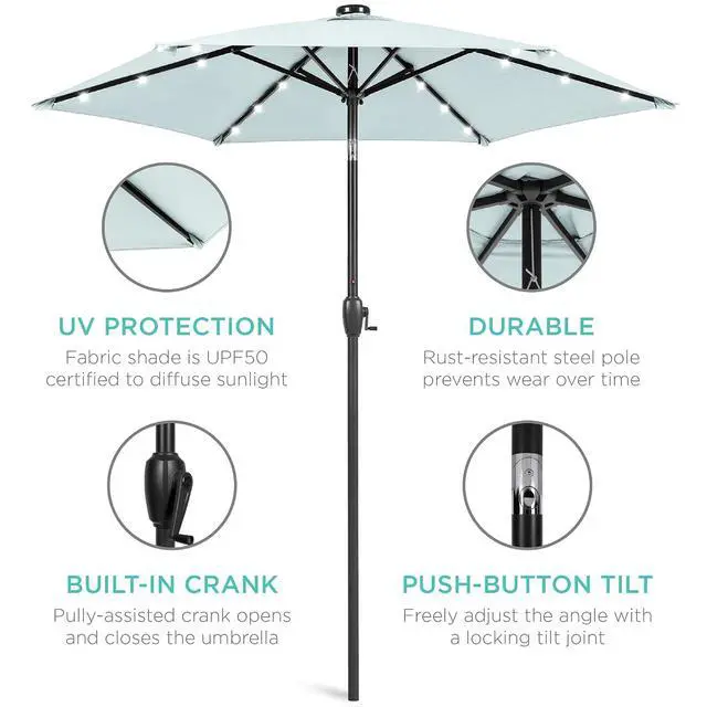 Alt view image 5 of 7 - 7.5ft Solar Umbrella LED Lighted Patio Umbrella, Table Market Umbrella with Tilt and Crank, Outdoor Umbrella for Garden, Deck, Backyard, Pool and Beach - Baby Blue