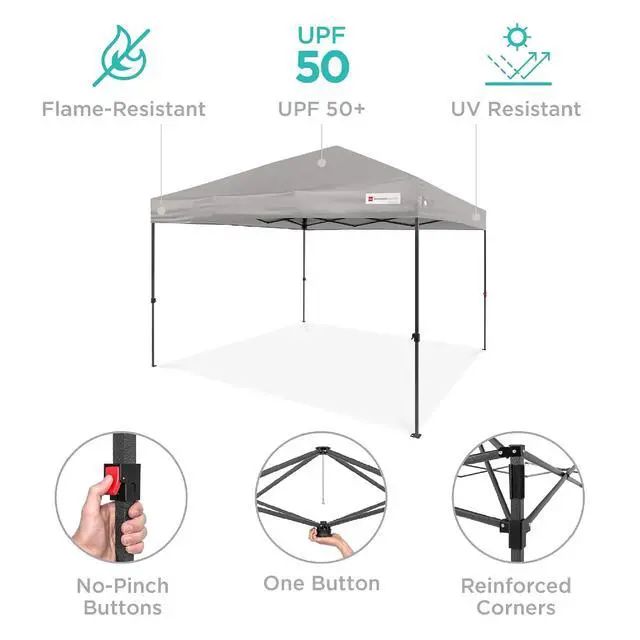 Alt view image 4 of 7 - 10x10ft Pop Up Canopy Tent, Outdoor Shade, 1 Person 1 Minute Set Up, Carry Case, 4 Weight Bags - Light Gray