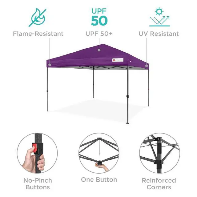 Alt view image 4 of 7 - 10x10ft Pop Up Canopy Tent, Outdoor Shade, 1 Person 1 Minute Set Up, Carry Case, 4 Weight Bags - Amethyst Purple