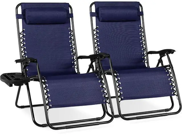 Main image of Set of 2 Extra Wide Adjustable Steel Mesh Zero Gravity Lounge Chair Recliners w/Pillows and Cup Holder Trays - Navy