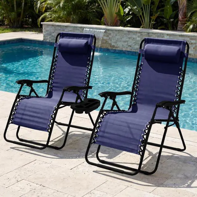Alt view image 2 of 7 - Set of 2 Extra Wide Adjustable Steel Mesh Zero Gravity Lounge Chair Recliners w/Pillows and Cup Holder Trays - Navy
